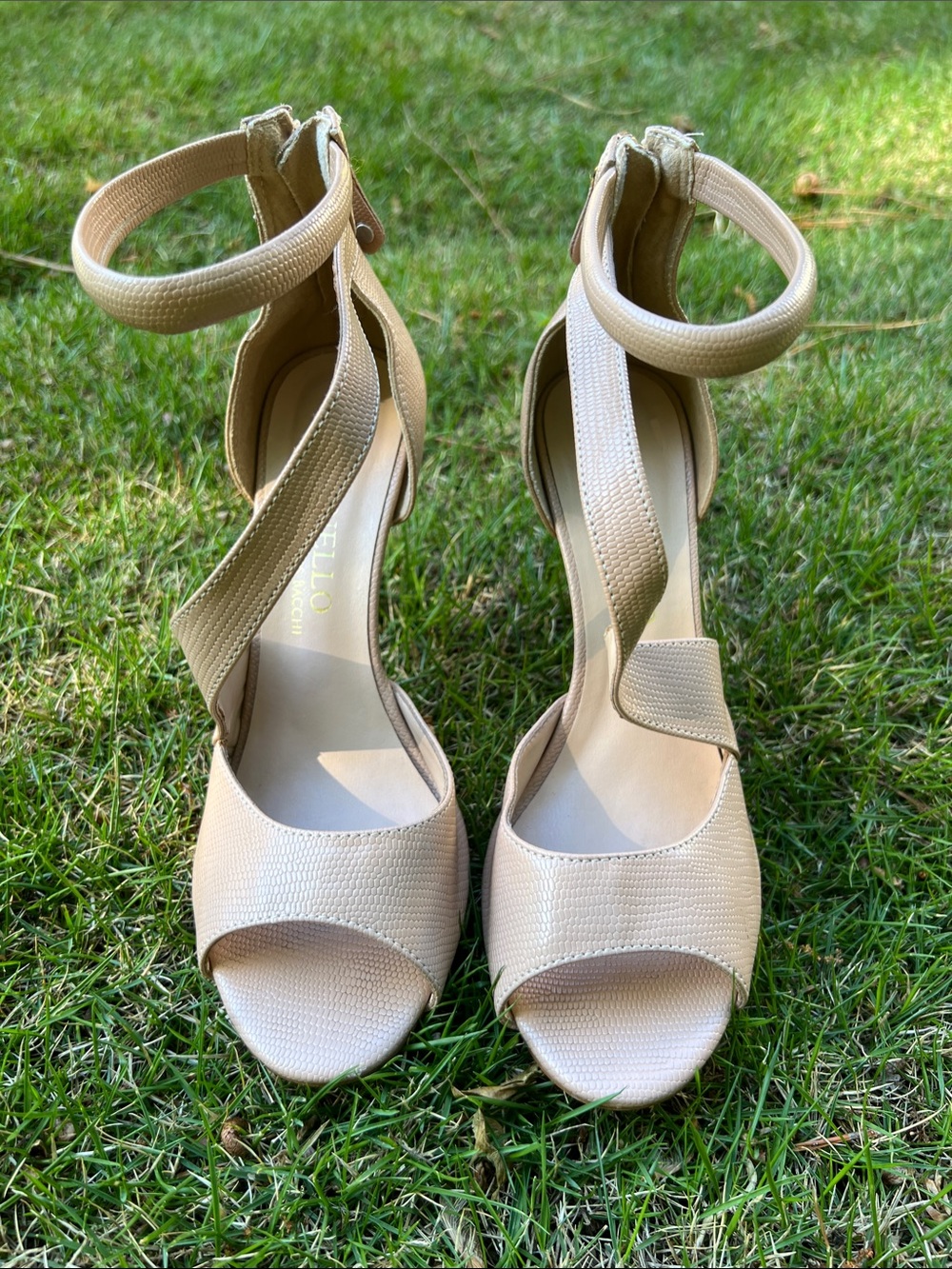 Ankle-Strap Nude Heeled Sandals - Women (flaw on left heel see pic)